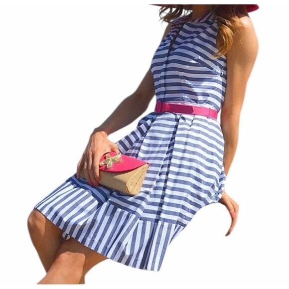 Eliza J Women's 6 Blue White Pink Striped Fit Flare Sleeveless Belted Dress - Picture 2 of 13